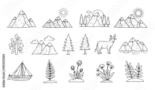 Compilation of outdoor adventure and nature landscape doodles featuring rocky mountains, evergreen trees, forest animals, and garden flowers, excellent for travel blogs, scrapbooking, and
