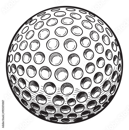 Classic golf ball with dimple texture depicted in a striking handdrawn graphic style, suitable for sports publications, club emblems, or merchandise.