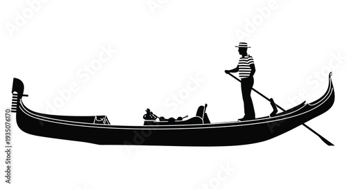 A gondola with a striped shirted gondolier and passenger is depicted in a stark black silhouette high quality professional detailed modern elegant