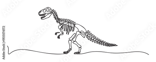 Dynamic continuous line drawing of a powerful Tyrannosaurus Rex fossil skeleton standing on ground, perfect for educational materials, prehistoric themed projects, or decorative prints and