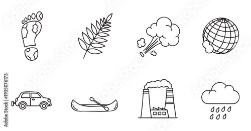 Linear environmental icons portraying carbon footprint, green leaf, air pollution, global warming, transport, industry, and rain for ecological awareness and sustainability.