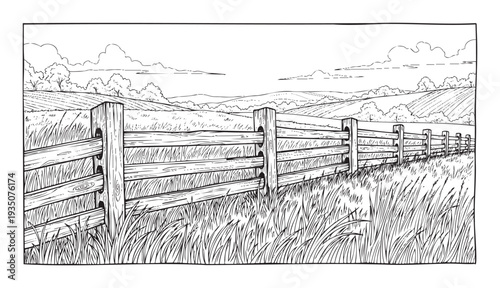 A detailed handdrawn landscape illustration featuring a rustic wooden fence stretching across rolling fields and grassy meadows under a cloudy sky, ideal for rural nature themes.