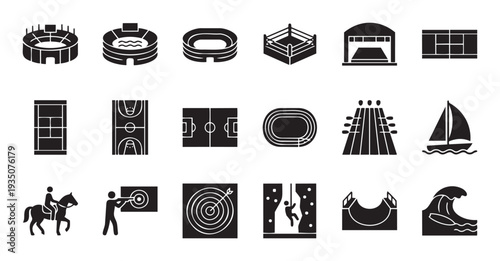 Black glyph icon set featuring various sport venues and activities such as stadiums, courts, tracks, water sports, equestrian, and climbing for digital and print media uses.