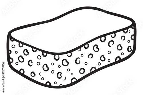 This graphic black and white sponge line drawing is perfect for household cleaning product advertisements, hygienerelated content, or educational materials about kitchen tools and daily