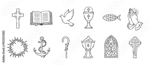 Religious symbols line vector set featuring Christian iconography like crosses, Bible, dove, chalice, anchor, and praying hands, ideal for spiritual themed educational projects and