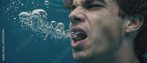 Portrait of a man submerged in water with trail of air bubbles.
