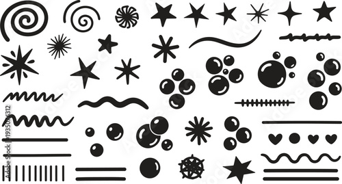 Collection of various black line art shapes and symbols on white background