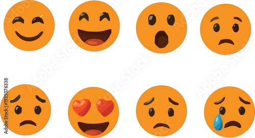 Set of 8 orange emoticon faces vector icons