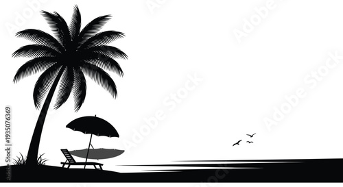 A tranquil beach scene with a palm tree beach chair umbrella and birds in a stark silhouette high quality professional detailed