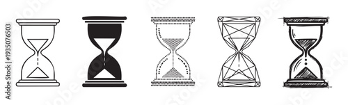 Collection of diverse hourglass icons symbolizing the passage of time, perfect for applications related to scheduling, deadlines, historical contexts, and time management tools.