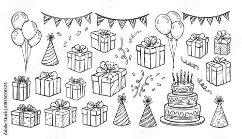 A comprehensive collection of hand drawn celebration elements including gift boxes party hats balloons cake and garlands perfect for creating joyful birthday event greeting projects