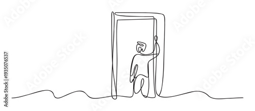 Continuous line drawing representing a person standing confidently at the threshold of a doorway, symbolizing new beginnings, choice, or entry into a different phase for inspiring