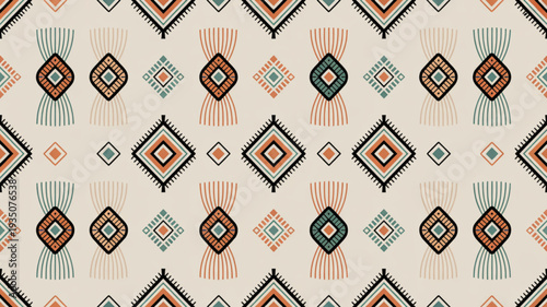 Vibrant geometric pattern with colorful diamond shapes on beige background for design and decoration