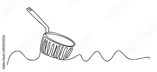 Continuous line drawing of a kitchen ladle dipping into a wavy line, ideal for culinary blogs, restaurant menus, cooking class promotions, and abstract food related branding visuals