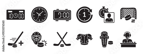 Comprehensive collection of ice hockey icons featuring game elements, player gear, scoring, time management, and official roles, ideal for sports event graphics and digital applications.