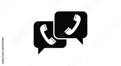 Two black speech bubbles contain white telephone handsets communicating a message or connection in silhouette high quality professional detailed modern elegant