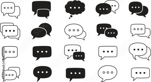 A collection of 20 simple black and white chat bubble icons with various speech bubbles and emoticon faces