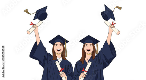 Two happy female graduates in navy blue academic caps and gowns hold their diplomas high in celebration of their success.