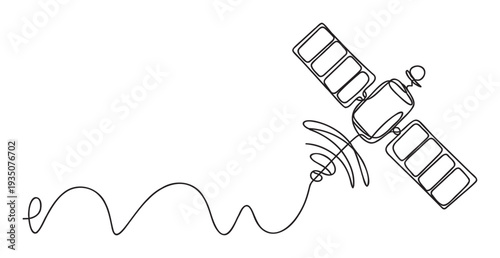 Continuous line drawing of a satellite transmitting signals for global communication and data transfer, perfect for technology related presentations and digital media projects.