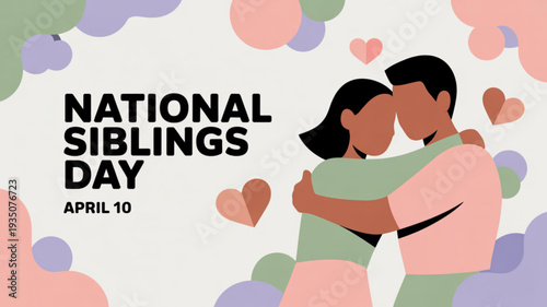 National siblings day illustration with embracing siblings and colorful hearts on white background