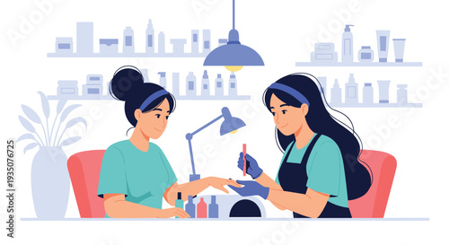 Professional manicurist in blue gloves carefully paints the nails of a female client in a well equipped beauty salon environment.