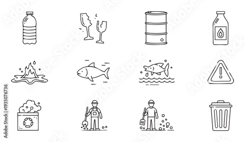 Collection of environmental issue line icons depicting pollution, hazardous waste, recycling, and cleaning processes for illustrating ecological themes in digital interfaces and educational