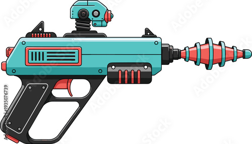 Futuristic Laser Gun Illustration with Sci Fi Ray Blaster Weapon Design for Space Adventure Games, Technology Concept, and Cartoon Style Graphics