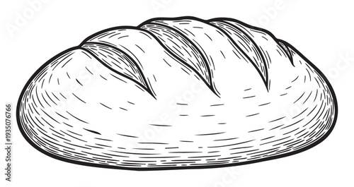 A simple black and white line art drawing of a rustic traditional bread loaf with scored top perfect for bakery branding, recipe books, or foodrelated marketing materials.
