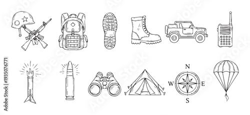 Extensive collection of essential military and outdoor survival equipment featuring army gear and adventure supplies perfect for educational materials or commercial presentations