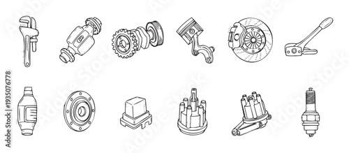 Comprehensive collection of essential automotive parts and mechanic tools suitable for auto repair shop branding, vehicle service brochures, or educational resources for mechanics