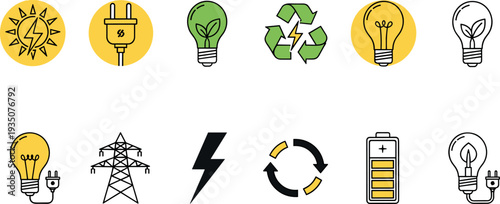 Renewable Energy and Electricity Icon Set with Light Bulb Plug Battery Power Line Recycle and Lightning Symbols for Green Technology Design