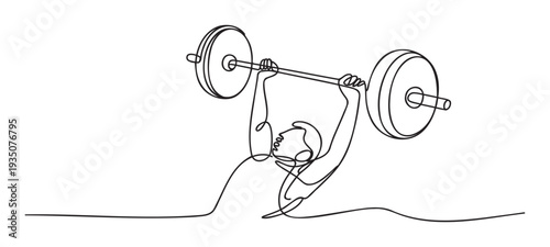 Powerful continuous line drawing of an athlete lifting a heavy barbell overhead, symbolizing strength, determination, and fitness achievement, ideal for sports and wellness advertising.