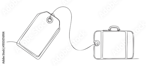 A stylish one continuous line drawing depicting a blank rectangular luggage tag linked by a flowing string to a classic travel suitcase, perfect for vacation planning or booking