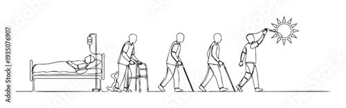 Continuous line drawing illustrating a persons journey from hospital recovery with a walker and cane to independent walking and reaching for the sun, symbolizing health improvement and