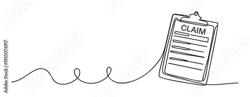 Continuous single line drawing of a claim form on a clipboard representing insurance, legal, or financial request processes for business and documentation related presentations
