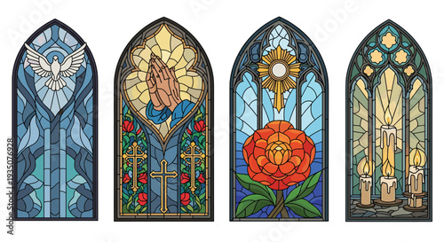 Beautifully crafted stained glass windows featuring religious and symbolic imagery like a white dove, praying hands, and a rose.
