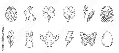 Charming hand drawn line icons featuring festive Easter eggs, playful bunnies, lucky four leaf clovers, blooming tulips, a baby chick, and sweet candy for various springtime holiday