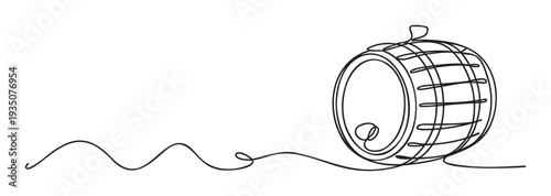 Dynamic one line drawing of a barrel with an elegant swirling path, ideal for modern graphic materials, beverage industry promotions, or decorative branding elements.