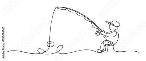 Simple single line drawing of a person fishing with a rod and line, perfect for symbolizing leisure activities, outdoor hobbies, or recreational sports graphics.