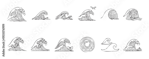 Dynamic collection of hand drawn ocean waves in traditional Japanese Ukiyoe style creating a powerful nautical visual for marine themed projects and prints