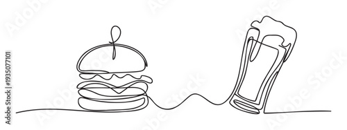 Continuous line drawing of a delicious burger with a skewer and a refreshing glass of foamy beer, perfect for food and drink menus, restaurant promotions, or culinary blog visuals.