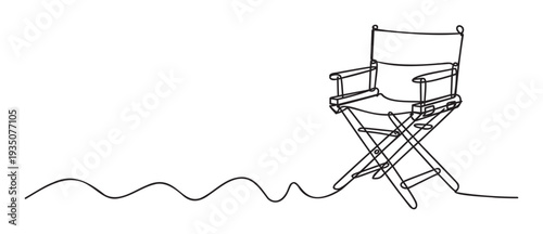 Simple continuous line drawing of a classic director chair with an expressive wavy path, ideal for film industry related presentations, media production promotions, or entertainment sector