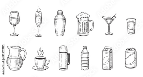 Hand drawn sketch style icons representing different types of drinks and vessels suitable for cafe posters, bar signage, or food related educational materials.