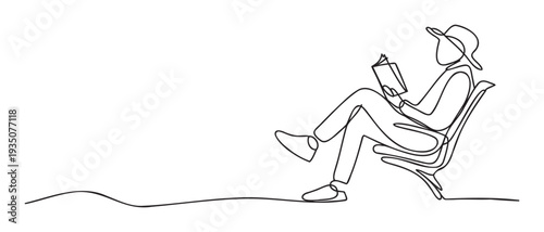 A minimalist continuous line drawing of a person wearing a hat, comfortably seated on a chair and deeply engrossed in reading a book, ideal for promoting education, quiet leisure, or