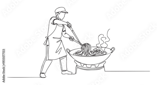Dedicated chef prepares delicious Asian stirfried noodles in a steaming wok over a hot stove, perfect for culinary content and restaurant advertising.