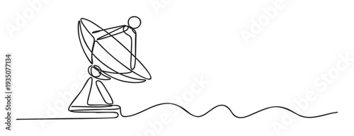 Minimalist continuous line drawing of a satellite dish actively involved in receiving and transmitting digital signals for global communication technology and networking concepts.