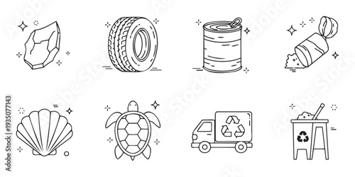 Simple line icons representing recycling, waste management, natural resources, and environmental sustainability for modern web graphics, ecoconscious apps, and educational presentations