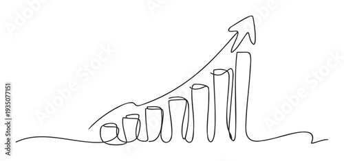 Minimalist continuous line art drawing depicting an escalating bar chart with an upward arrow indicating consistent progress and positive development for corporate reports and educational