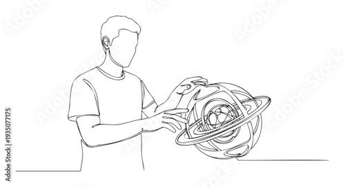 Continuous line drawing of a man engaging with a complex futuristic spherical object adorned with multiple rings, symbolizing technological innovation, global connectivity, or system