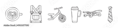Versatile hand drawn line icons featuring a coffee cup with latte art, work apron, balance bicycle, travel mug, skateboard, and patterned necktie for various lifestyle projects